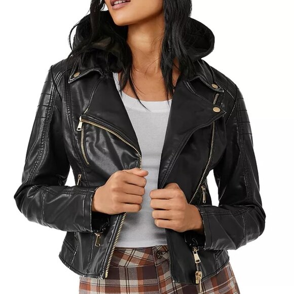 Free People Harriet Vegan Leather Hooded Moto Jacket - XL - Picture 1 of 12